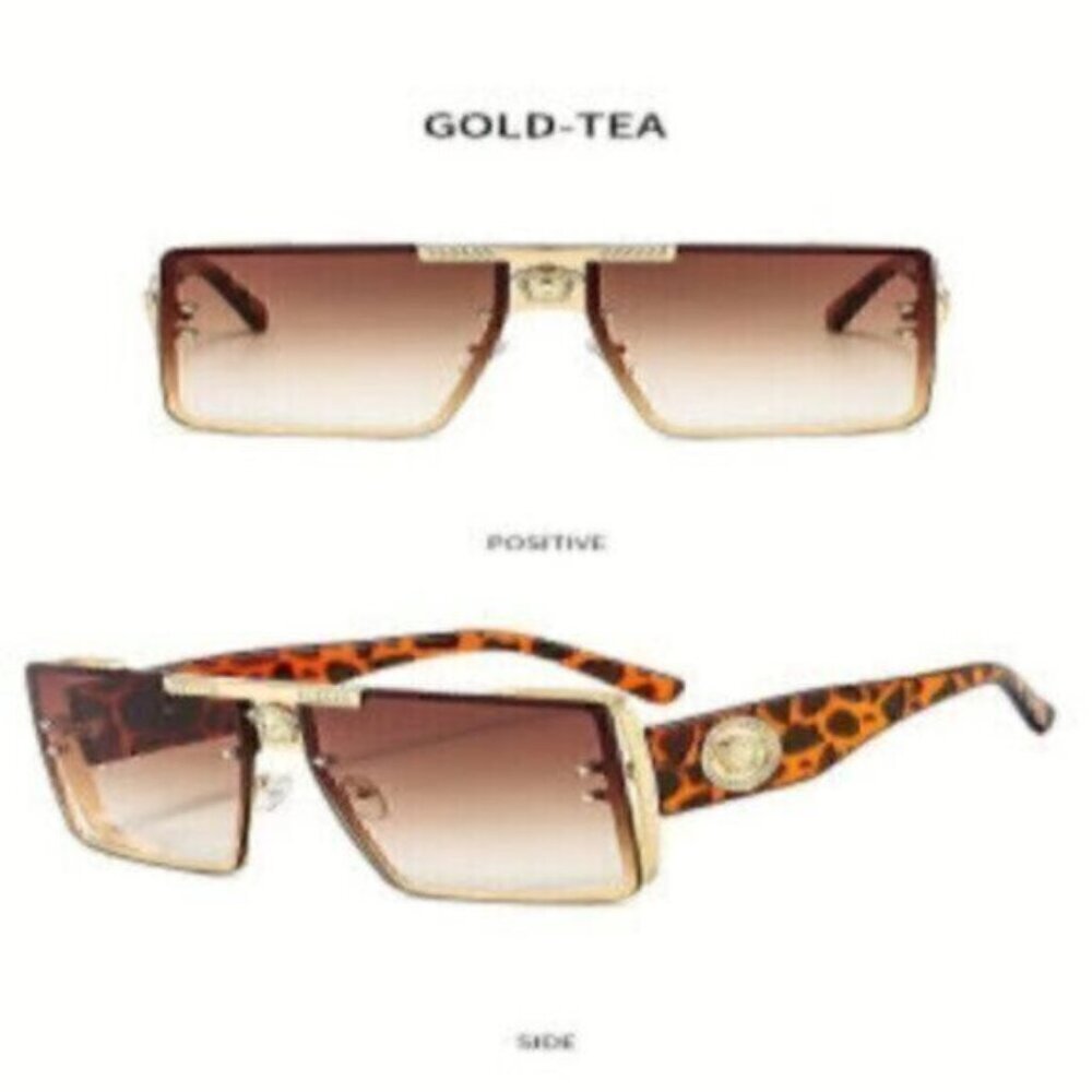 Sunglasses Luxury Retro Large Square  Brown Leopard Gold Frame - Picture 3 of 9